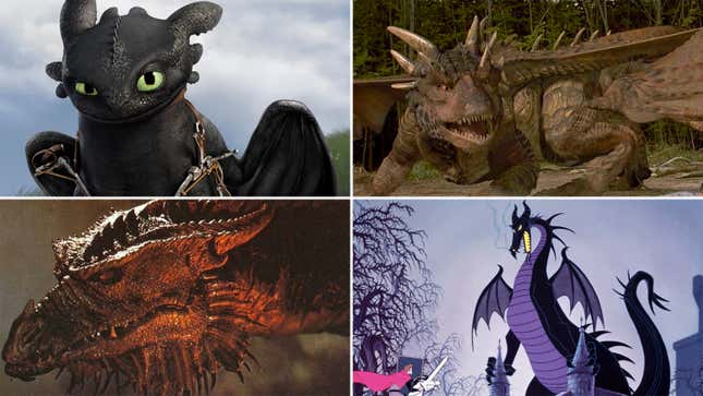Clockwise L to R: Toothless from How To Train Your Dragon, Draco from DragonHeart, Maleficent from Sleeping Beauty, Vermithrax Pejorative from Dragonslayer (courtesy DreamWorks Animation, Universal Pictures, Walt Disney Studios, Paramount Pictures)