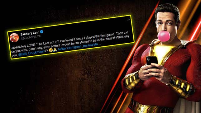 Zachary Levi stands as Shazam next to a floating screenshot of his Last of Us tweet. 