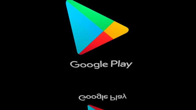 A photo of the Google Play Store logo, reflected 
