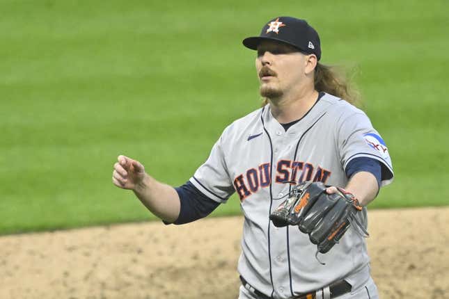 Jun 9, 2023; Cleveland, Ohio, USA; Houston Astros relief pitcher Ryne Stanek (45) reacts in the sixth inning against the Cleveland Guardians at Progressive Field.