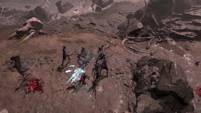 A necromancer is stabbing up some demonic soldiers with a spear. 