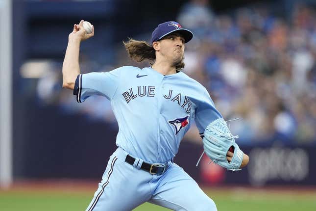 Aug 16, 2023; Toronto, Ontario, CAN; Toronto Blue Jays starting pitcher Kevin Gausman (34) pitches to the Philadelphia Phillies during the first inning at Rogers Centre.