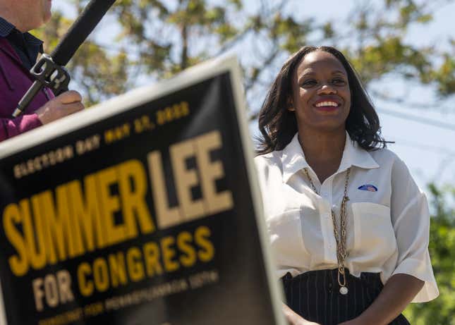 Summer Lee, Democratic Representative candidate for Pennsylvania, speaks to members of the media after casting ballots at a polling location in Pittsburgh, Pennsylvania, on Tuesday, May 17, 2022.