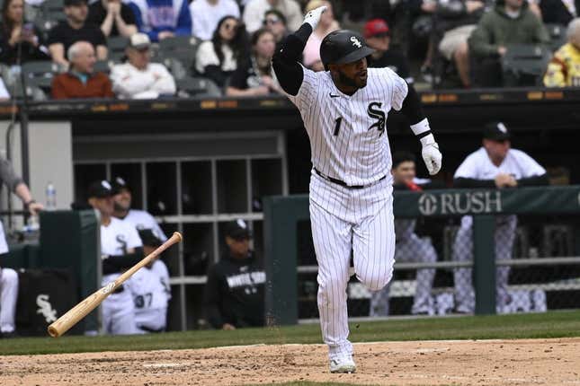 Apr 5, 2023; Chicago, Illinois, USA;  Chicago White Sox second baseman Elvis Andrus (1) after he hits his 2000th career hit during the fifth inning against the San Francisco Giants  at Guaranteed Rate Field.