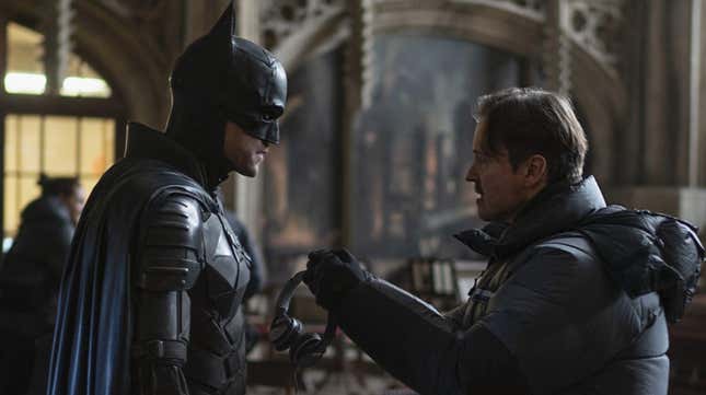 Director Matt Reeves with Robert Pattinson in costume as Batman.