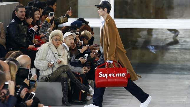 A model wears a creation for Louis Vuitton Men's Fall Winter 2017-2018 fashion collection presented in Paris, Thursday, Jan.19, 2017. (AP Photo/Francois Mori)