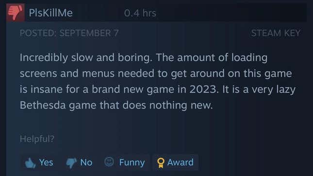 Snímek obrazovky zobrazující recenzi Starfield Steam.