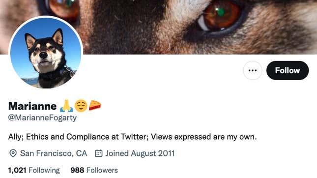 A screenshot of Marianne Fogarty's Twitter profile. She is Twitter's former chief compliance officer.