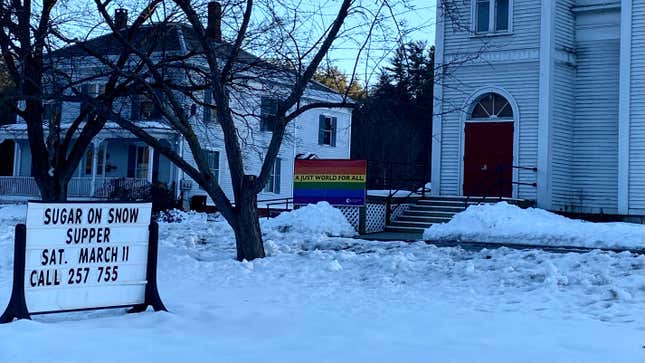 A sign advertises a sugar on snow supper outside the West Brattleboro Congressional Church in Vermont. This photo doesn’t have a blue filter on it. This is just...what Vermont looks like at dusk in March.