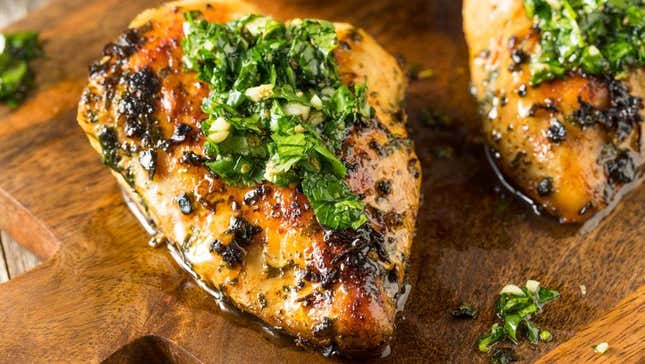 Chimichurri sauce on grilled chicken