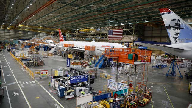 A Boeing 787 airplane on the production line at a Boeing factory in Washington, D.C.