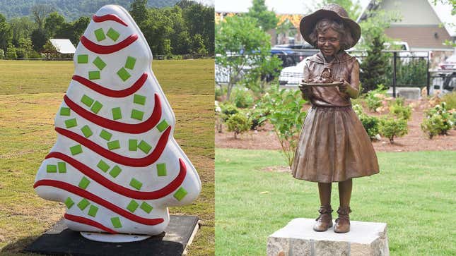 Left: The Christmas Tree Cake statue. Right: The bronze sculpture of Little Debbie serving Swiss Rolls.