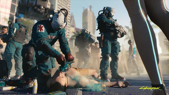A medic attempts to revive a dead man in Cyberpunk 2077.