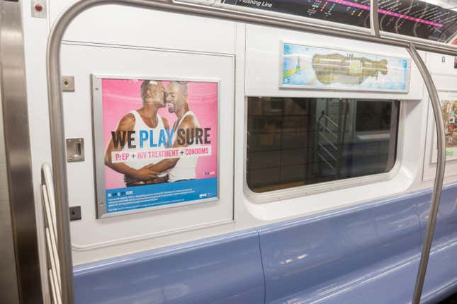 Advertising on the subway in New York on Sunday, January 3, 2016 promotes the use of HIV testing, prophylactic drugs and condoms to combat the spread of AIDS and sexually transmitted infections. (Photo by Richard Levine/Corbis via Getty Images)