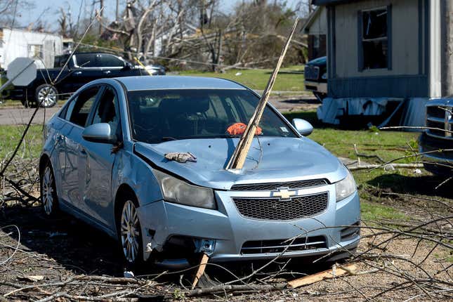 Damage to a vehicle from a series of powerful storms and at least one tornado is seen on March 25, 2023 in Rolling Fork, Mississippi.