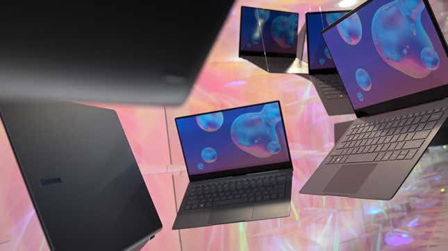 A display of Samsung Galaxy Book S laptop computers is seen January 10, 2020 on the final day of the 2020 Consumer Electronics Show (CES) in Las Vegas, Nevada. 