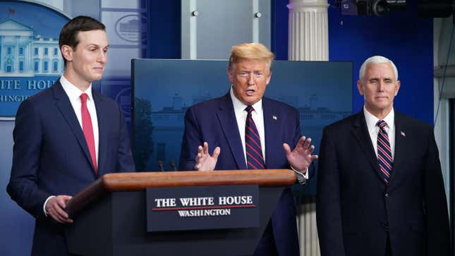 President Trump speaks, flanked by Senior Advisor to the President Jared Kushner and US Vice President Mike Pence, during the daily briefing on the novel coronavirus at the White House on April 2, 2020, in Washington, DC.
