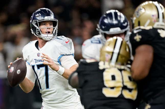 Tennessee Titans quarterback Ryan Tannehill (17) looks to pass against the New Orleans Saints during the fourth quarter at the Caesars Superdome in New Orleans, La., Sunday, Sept. 10, 2023.