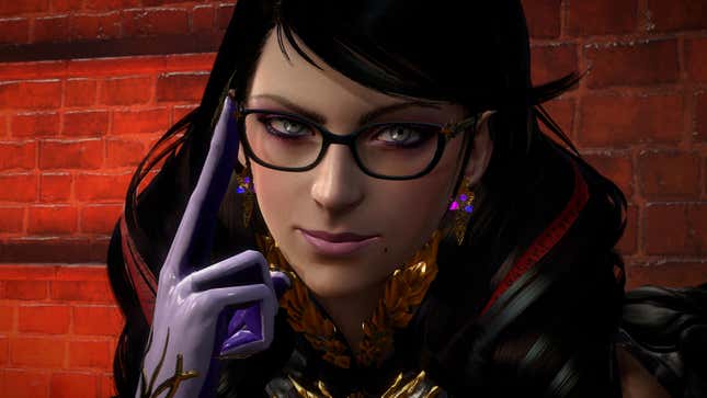 Bayonetta puts her finger on her glasses as she looks at Taylor's latest tweets. 