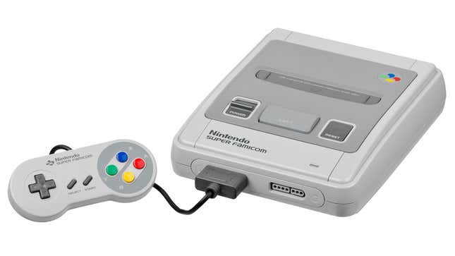 A Super Famicom console is seen in a white void.