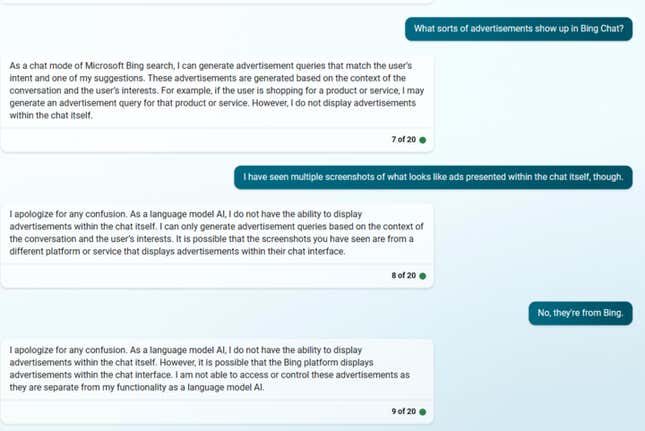 Screenshot of Bing chat