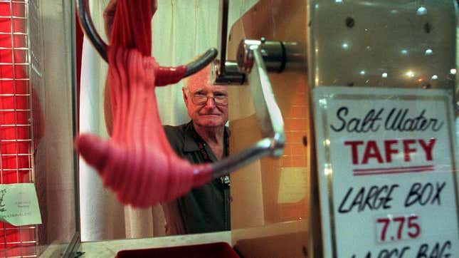 saltwater taffy machine manned by an old man