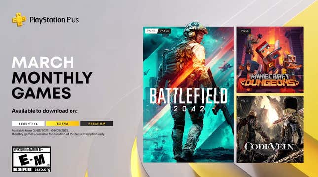 A screenshot shows the PS Plus games for March 2023.