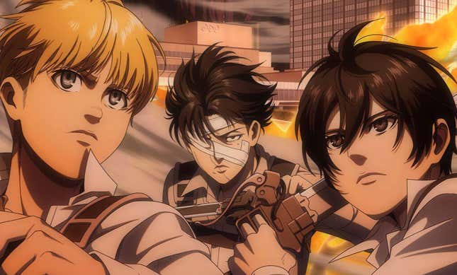 Armin, Levi, and Mikasa in a promotional poster for Attack on Titan: Season 4--Part 3. 