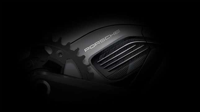A dark photo showing details on a Porsche e-bike motor. 