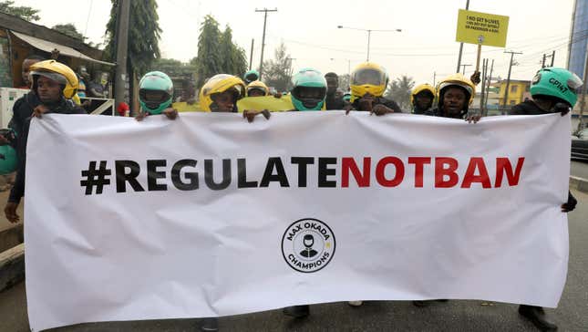 Members of the Transportation Hailing Alliance of Nigeria (THAN) protest against the ban of commercial motorcycles in Lagos Jan. 31, 2020.