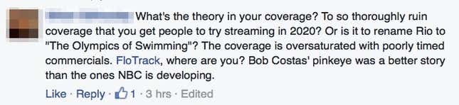 NBC Olympics Facebook comment.