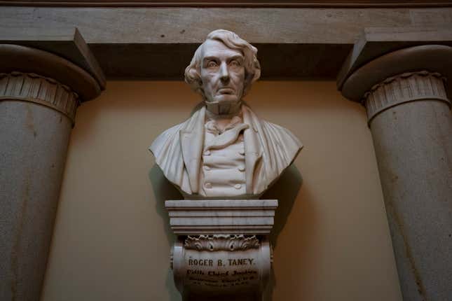 In this March 9, 2020, file photo a marble bust of Chief Justice Roger Taney is displayed in the Old Supreme Court Chamber in the U.S. Capitol in Washington.