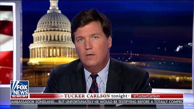 White supremacist TV host Tucker Carlson rails against Twitter on his show Wednesday night, October 8, 2019