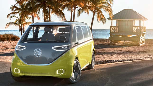 A photo of the VW ID Buzz concept parked at the beach. 