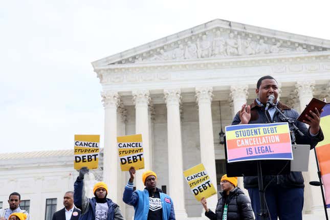 WASHINGTON, DC - FEBRUARY 28: Chavis Jones speaks as student loan borrowers and advocates gather for the People's Rally To Cancel Student Debt During The Supreme Court Hearings On Student Debt Relief on February 28, 2023 in Washington, DC.