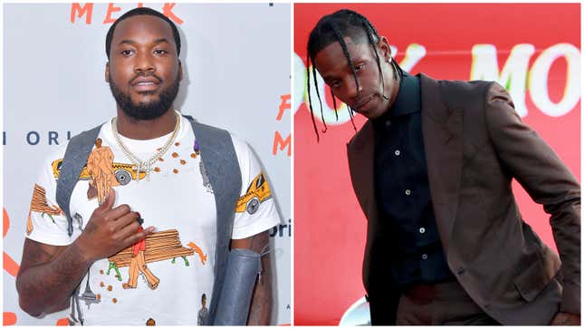 Meek Mill at the “Free Meek” World Premiere on August 01, 2019 in New York City; Travis Scott at the premiere of Netflix’s “Travis Scott: Look Mom I Can Fly” on August 27, 2019 in Santa Monica, California.