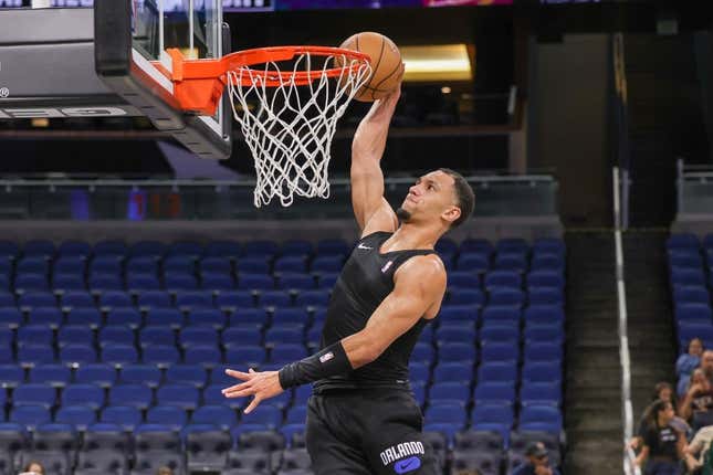 Apr 6, 2023; Orlando, Florida, USA; Orlando Magic forward Paolo Banchero (5) warms up before the game against the Cleveland Cavaliers at Amway Center.