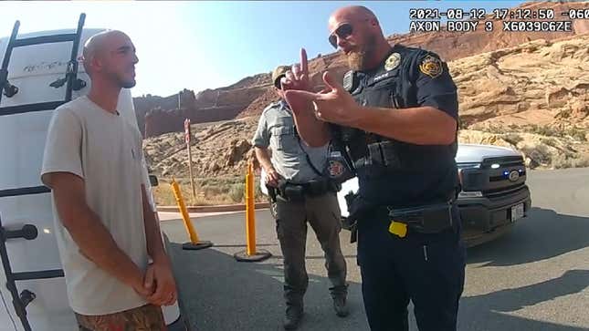 In police body camera footage, Eric Pratt talks to Brian Laundrie after Pratt and Daniel Robbins pulled over Laundrie and Petito on Aug. 12, 2021.