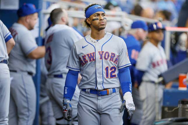 Mar 31, 2023; Miami, Florida, USA; New York Mets shortstop Francisco Lindor (12) looks on prior to the game against the Miami Marlins at loanDepot Park.
