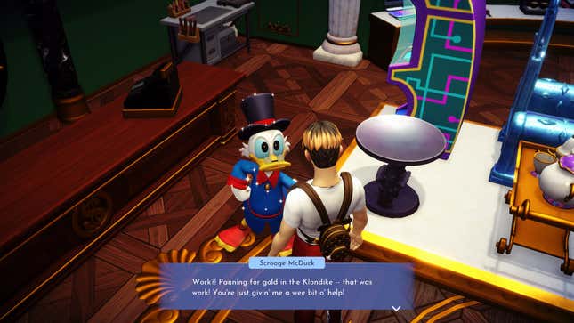 Scrooge McDuck talks to the player character in Disney Dreamlight Valley in his store.