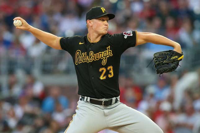 Sep 8, 2023; Atlanta, Georgia, USA; Pittsburgh Pirates starting pitcher Mitch Keller (23) throws against the Atlanta Braves in the second inning at Truist Park.