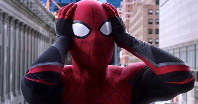 Tom Holland in Spider-Man: Far From Home, clutching his head and looking shocked. 
