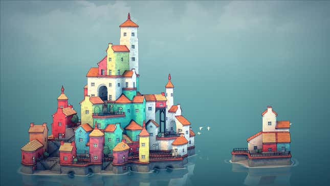 An idyllic town floats in the water in Townscaper.