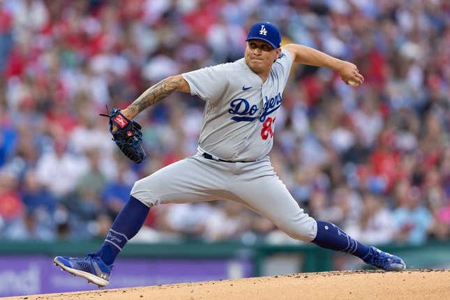 Jun 9, 2023; Philadelphia, Pennsylvania, USA; Los Angeles Dodgers relief pitcher Victor Gonzalez (81) throws a pitch during the first inning against the Philadelphia Phillies at Citizens Bank Park.