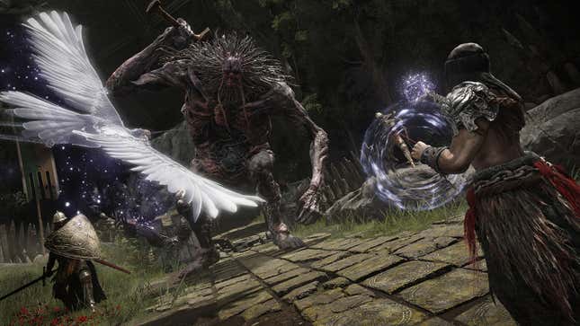 A mage casts an eagle spell at a big monster thing in Elden Ring.