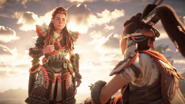 Aloy in Horizon Forbidden West standing in front of a cloudy sky. 