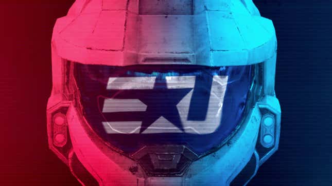 A Spartan wearing the eUnited logo on their visor stares intensely into the distance.