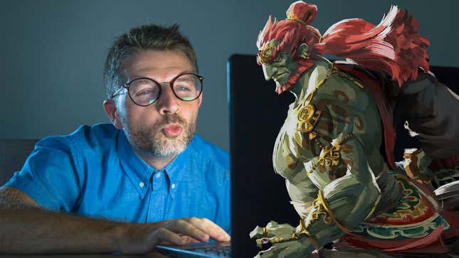 An image shows a man making a kissy-face while looking at Ganon's Tears of the Kingdom design.  