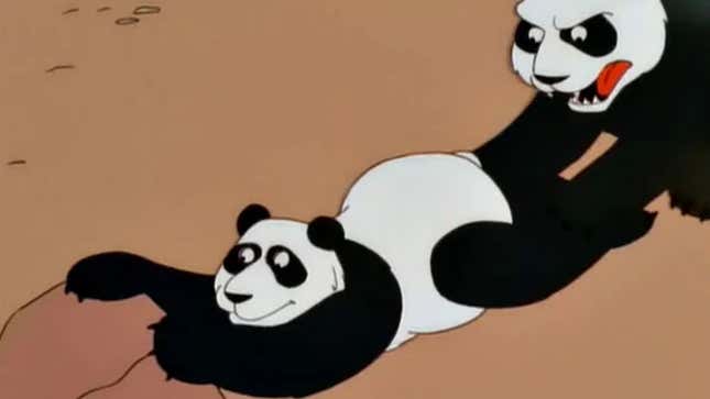 A screenshot from The Simpsons shows a Panda pulling another Panda.