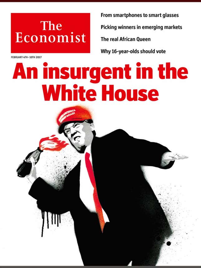 Image for article titled After 14 days of Donald Trump, news magazine covers are getting dark
